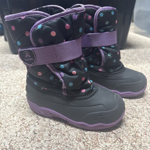 KAMIK Little Girl SNOWBUG 13 WINTER BOOT BLACK/PURPLE Polka Dot Waterproof - Picture 1 of 8